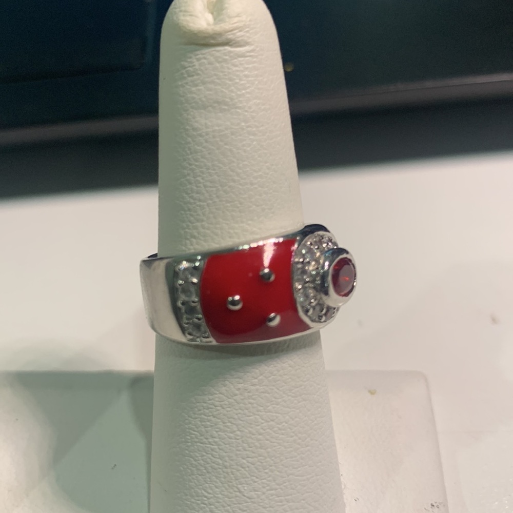 Vintage signed RP sterling silver red enamel ring rhinestones red & clear Sz 6.5 - Picture 5 of 11